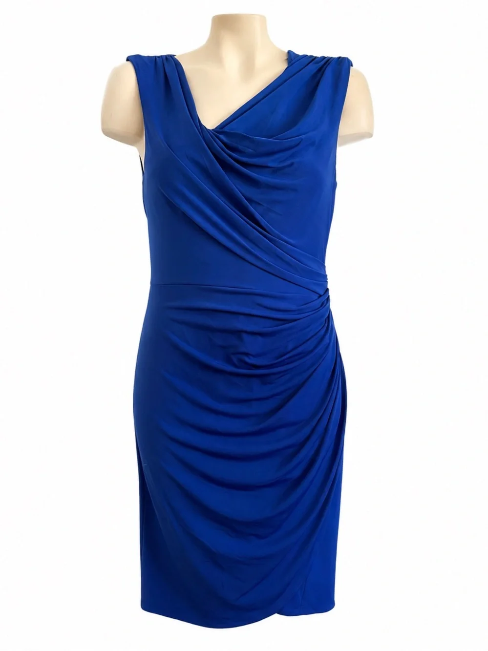 MAGGY LONDON BLUE RUCHED NECK FITTED DRESS SZ 8 - Picture 2 of 3